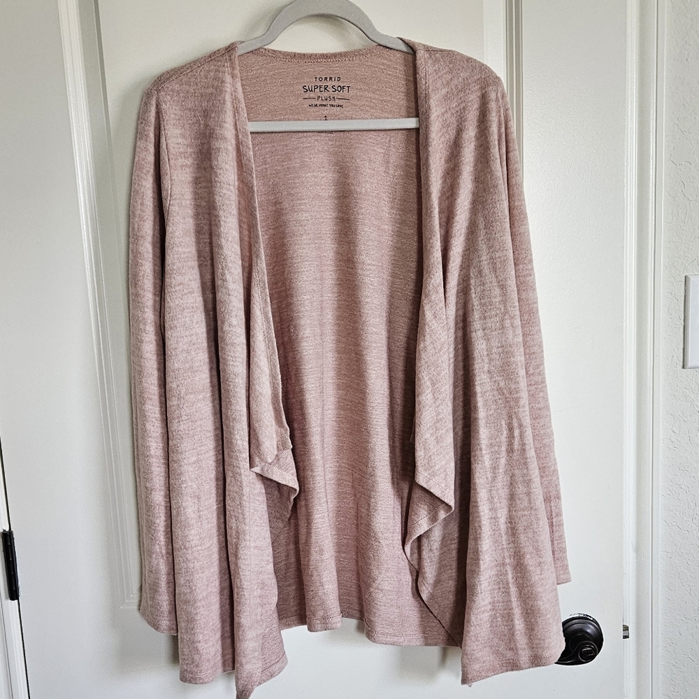 Torrid Super Soft Plush Heather Pink Open Front Draped Cardigan Sweater Size 1X - Picture 2 of 9